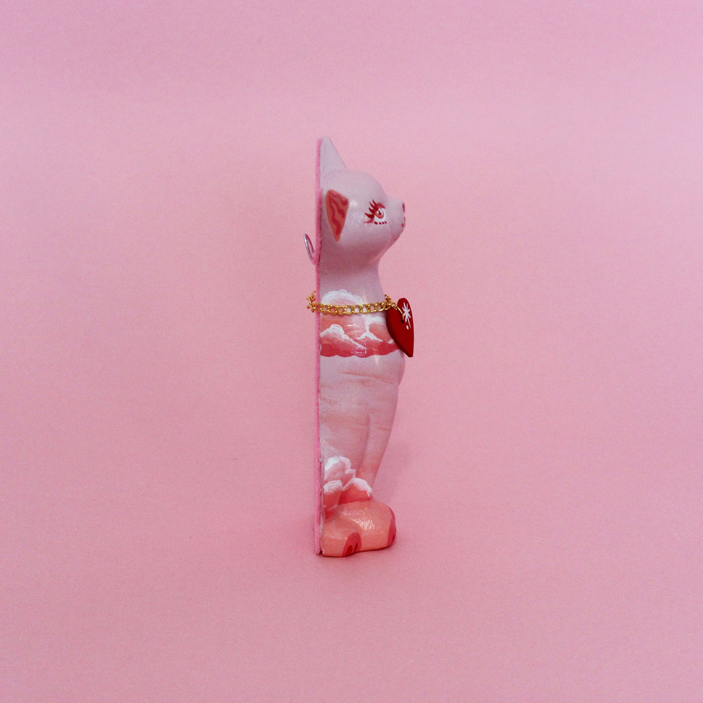 Valentines Kitschy Kitten Wall Hanging, Pink With Pink Clouds