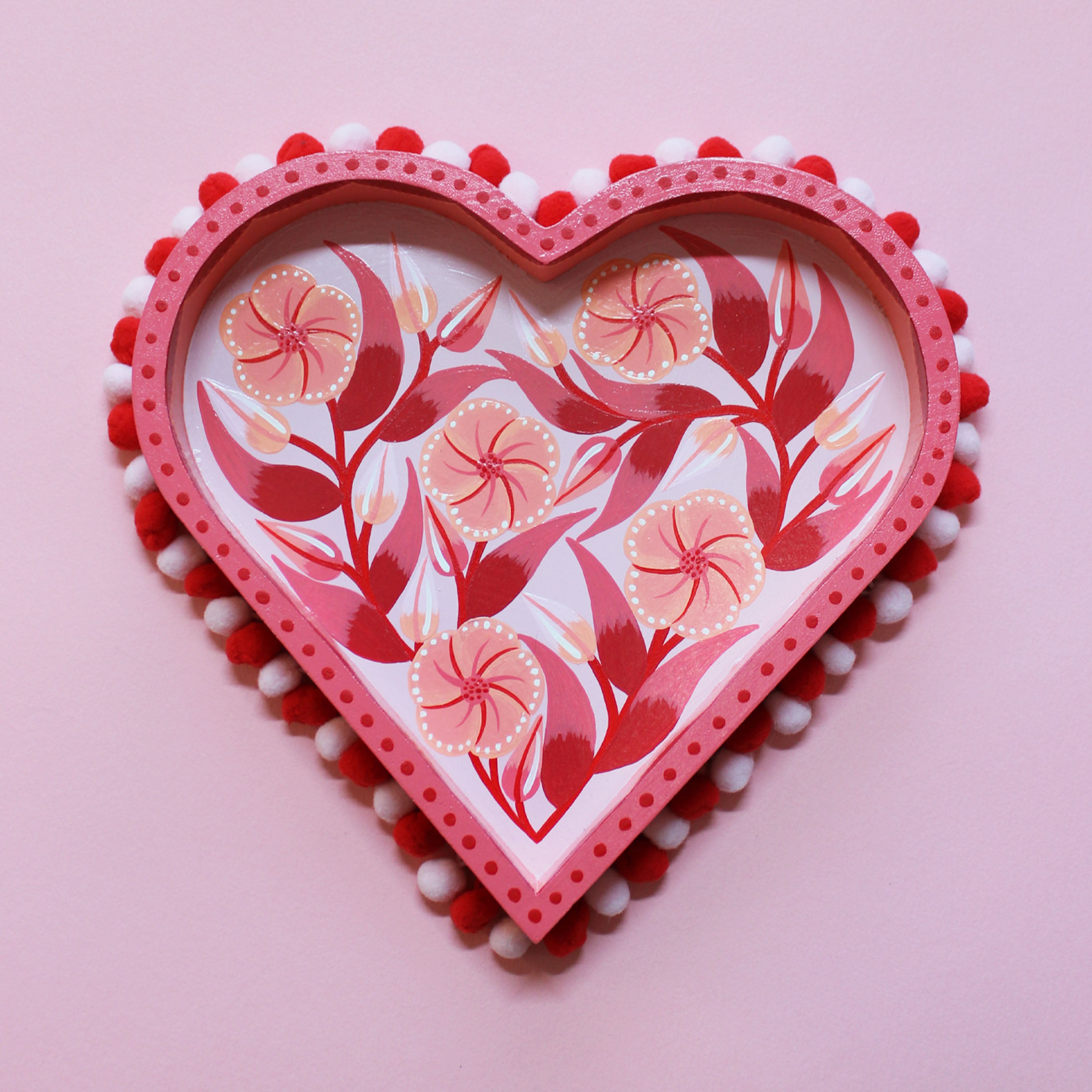 Large Valentines Hand Painted Wooden Pom Pom Tray