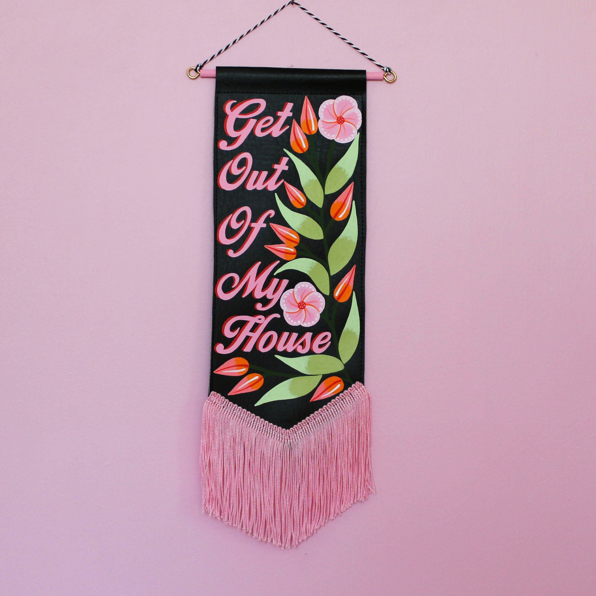 MADE TO ORDER 'Get Out Of My House' Black Vegan Leather Pennant