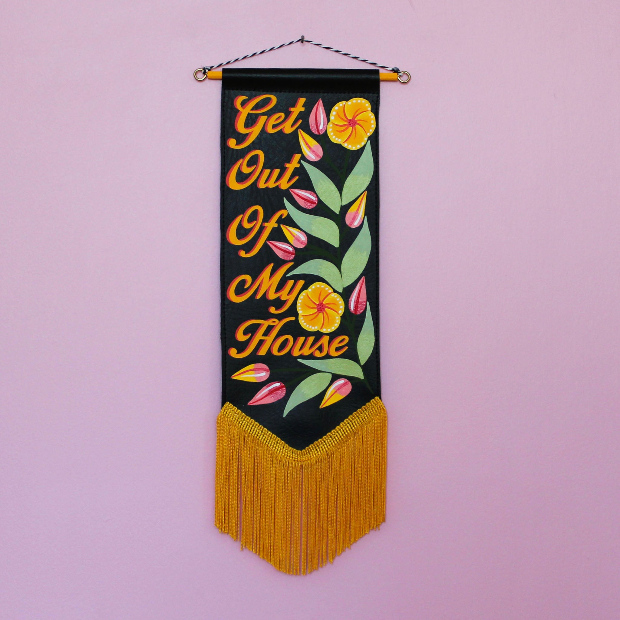 MADE TO ORDER 'Get Out Of My House' Black Vegan Leather Pennant