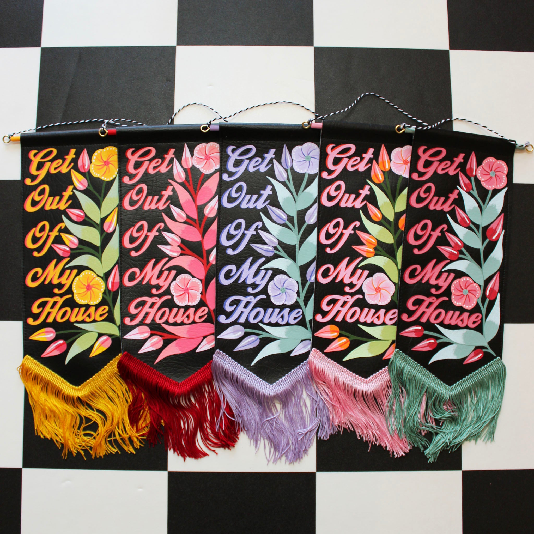 MADE TO ORDER 'Get Out Of My House' Black Vegan Leather Pennant