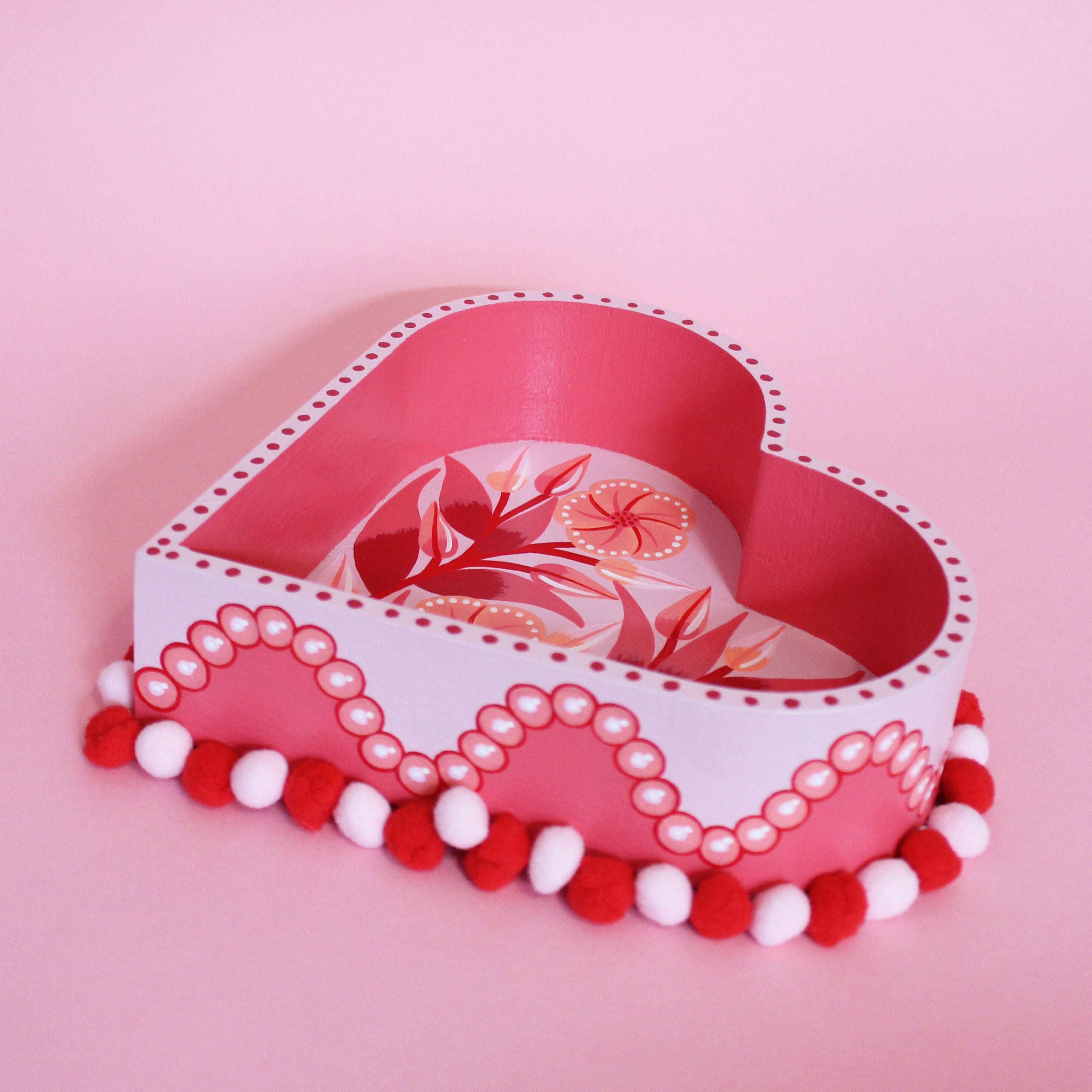 Medium Valentines Hand Painted Wooden Pom Pom Tray