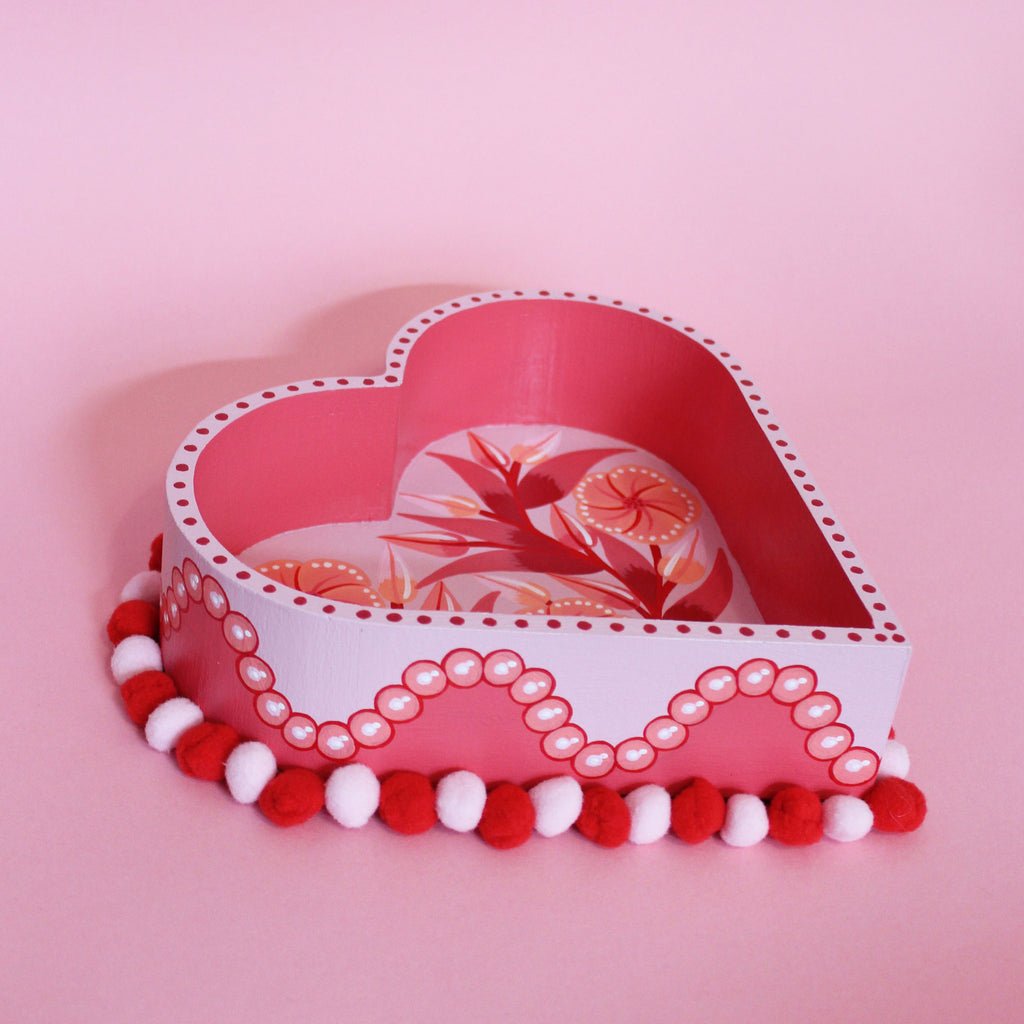 Medium Valentines Hand Painted Wooden Pom Pom Tray