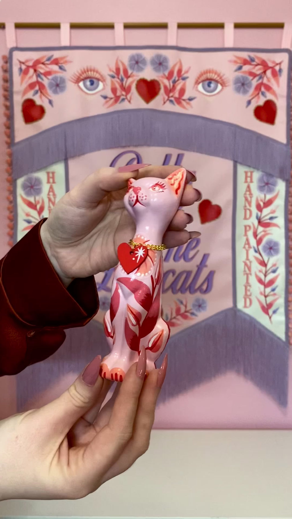 Valentines Kitschy Kitten Wall Hanging, Pink With Pink and Red Florals